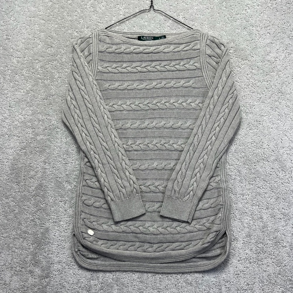 Lauren Ralph Lauren Sweater Womens Small Gray Cable Knit Boatneck Cotton Viscose